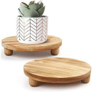 Wood Riser for Decor, 2 Pack Wood Pedestal Stand for Display, Round Wooden Tray